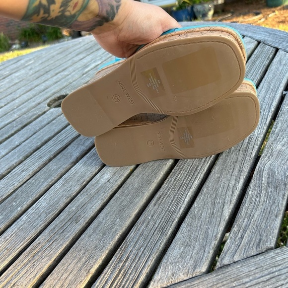 New Nine West Rapps‎ blue size 8 1/2 Cork Wedge Chunky Sandals - Picture 6 of 7